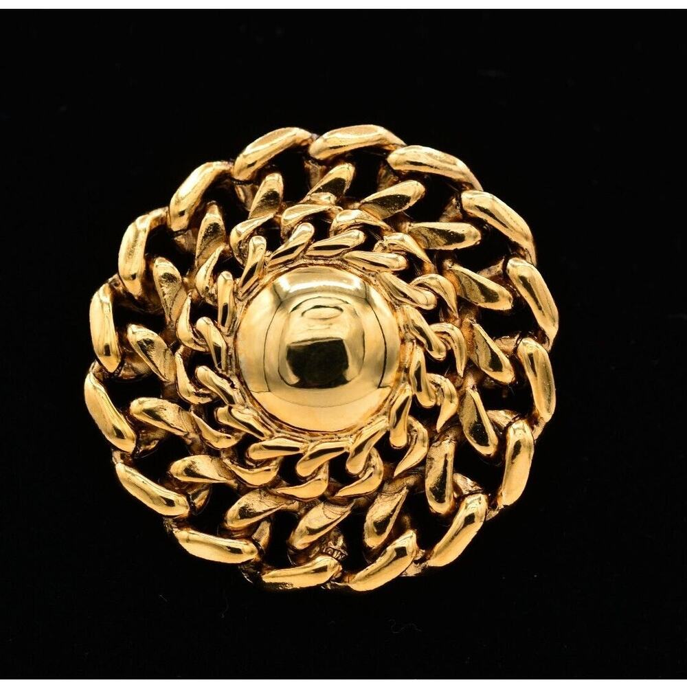 TAT Vintage Antiqued Gold Round Pin Brooch Chain Heavy 1980s Signed NOS BinA16